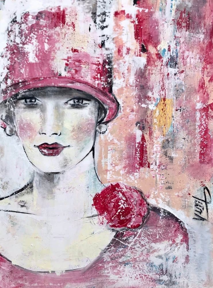 Frau mit Hut Rosa - Kunstwerk von Sabine Türk